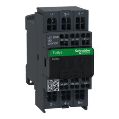 Schneider Electric TeSys D LC1D093MD kontaktor med 9A og 220V DC spole, vist med 3 hovedkontakter og A1/A2 terminaler.