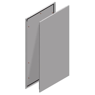 Schneider Electric Spacial SF sidepaneler i grå RAL 7035 til kabinetter, 2000 x 800 mm, med synlige monteringspunkter og tætning.