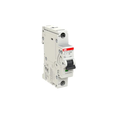 ABB S201MTR-B40 DC automatsikring til DIN-skinne, 1-polet og 40 A, set skråt forfra med sort betjeningsgreb.