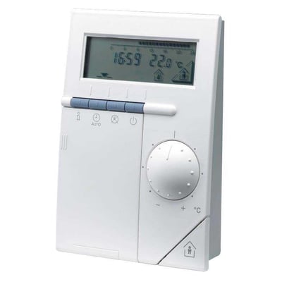 Siemens QAW70-A digitalt rumapparat med tydeligt display, drejeknap og multifunktionsknapper på en hvid front.