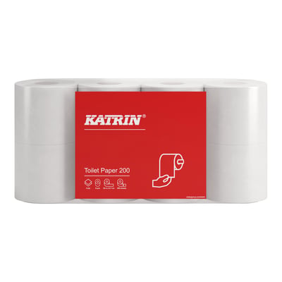 Katrin toiletpapir 181402 i hvid, 2-lags og 25 meter, vist som ruller samlet i rød emballage.