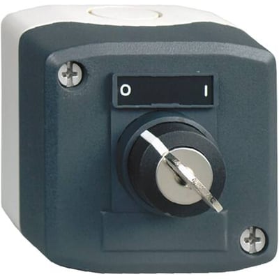 Schneider Electric trykkasse XALD med nøgleafbryder, 2 stillinger, mærket 0-I og med synlige monteringsskruer i mørkegrå og lys grå polykarbonat.