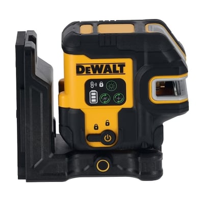 Nærbillede af DeWalt DCLE14251GB-XJ krydslinjelaserens kontrolpanel med ikoner for lås, strøm og laserfunktioner.