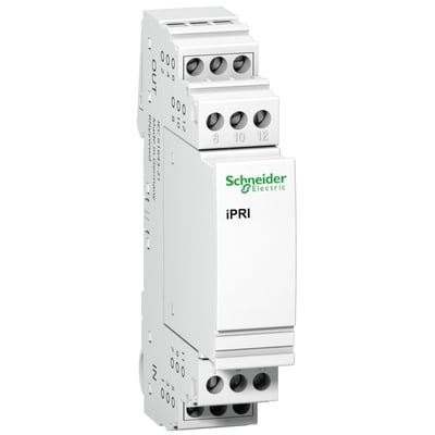 Schneider Electric iPRI overspændingsafleder til svagstrøm, 48VDC, hvid med grønne detaljer og mærkat, viser terminaler.
