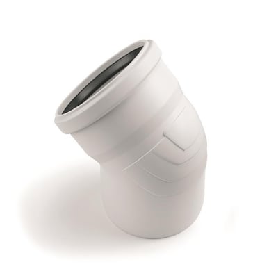 Raupiano bøjning DN200/45° i hvid plastik, et afløbsrør med 45 graders vinkel og 200mm diameter.