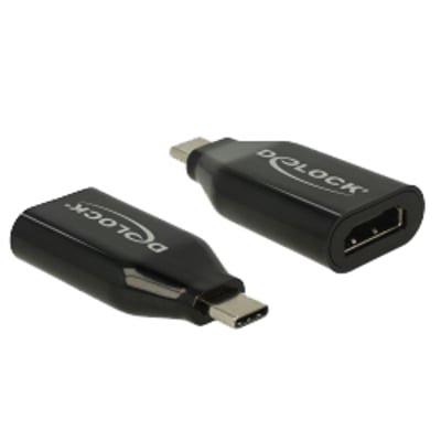 Sort Delock USB Type-C-til-HDMI-adapter med USB-C-stik og HDMI-hunport, vist fra begge ender.