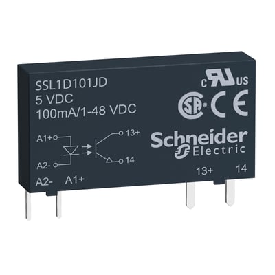 Schneider Electric Solid State Relay SSL1D101JD, 5 VDC, 100mA/1-48 VDC med schematisk diagram og UL/CE mærkning.