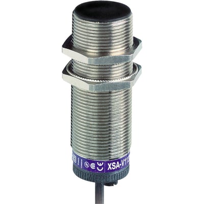 Schneider Electric XSA induktiv aftaster til rotationsmonitorering med M30 gevind og sort top. Enheden er lavet af metal og har en 2-leder NC NC udgang med 2 meter kabel.