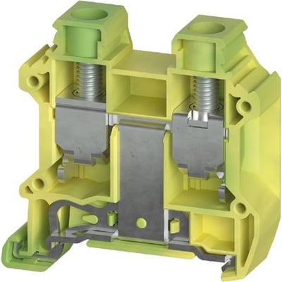 Wieland WTN-jordklemme til 16 mm² ledere i gul og grøn, vist med synlige skrueforbindelser og indre dele.