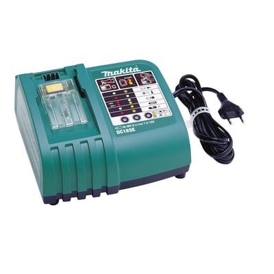 Wavin-lader til UAP3L/MAP2L-presmaskine, vist som grøn Makita-oplader med sort ledning og stik.