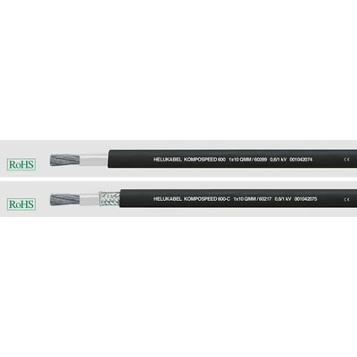 HELUKABEL KOMPOSPEED 600 kabler i to versioner med 0,6/1 kV spænding og 1x95mm2. Den øverste kabel er uden fletning, den nederste har en sølvfarvet fletning.