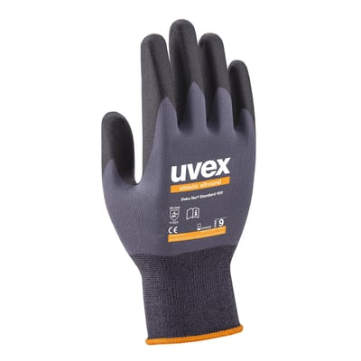 Uvex Athletic Allround arbejdshandske str. 7 med NBR skumbelægning i mørkegrå og grå, vist på hvid baggrund.
