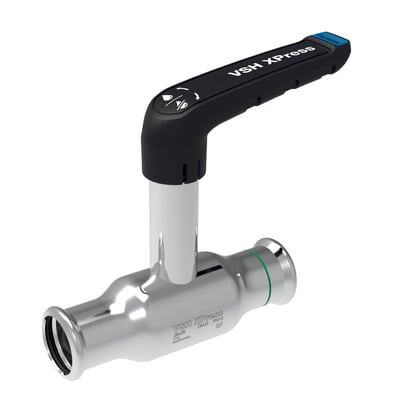 VSH Xpress kuglehane i rustfrit stål med 54 mm press-press tilslutning og sort håndtag med blå detalje.