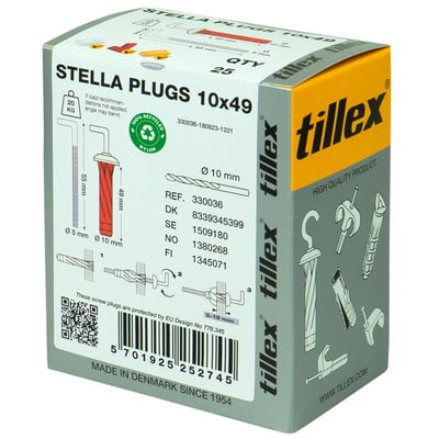 Tillex Stella plugs 5 x 55 mm, rød med vinkel i 250 stk. pakke, viser montageillustration og produktinformation på kartonen.