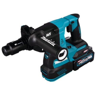 Makita bore-/mejselhammer 40V med SDS-Plus og udskiftelig patron, set fra siden med fokus på batteriet.