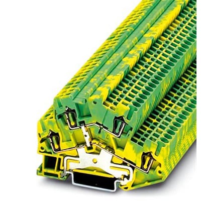 Detaljeret vinkel af Phoenix Contact STTBS 2,5-PE jordklemme, der viser fjedertilslutningen og montering på DIN-skinne.