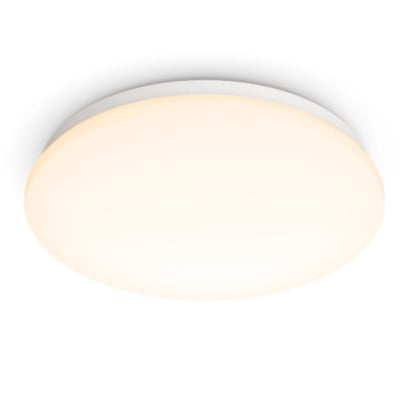 Philips Moire loftlampe i hvid plast, rund model med en diameter på 24 cm, der udsender varmt hvidt lys.