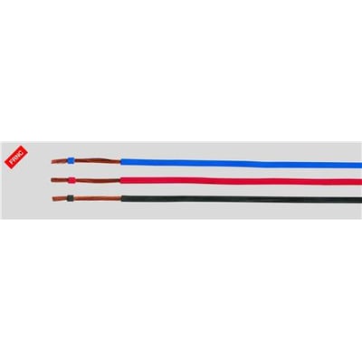 Tre installationsledninger, H07Z-K 1x2,5mm², i mørkeblå, rød og sort med kobberkerne og synlig markering.