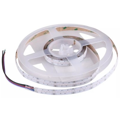 LEDlife COB-LED strip RGB+WW på en spole, 5 meter, 24V, med synlige tilslutningsledninger for montering.