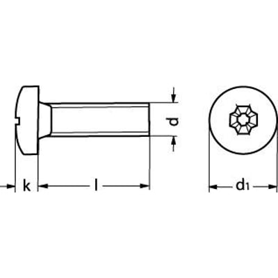 Teknisk tegning af M5X6 DIN 7985 maskinskrue med pan hoved og POZI kærv, viser dimensioner som l, k, p og d1.