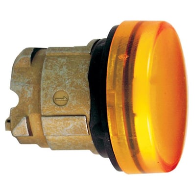 Schneider Electric lampehoved i orange plast og metal, Ø22 mm, egnet til BA9s glødelampe, vist fra siden.