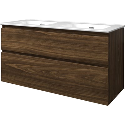 Sanibell Proline møbelsæt i cabana eg med to skuffer, 121x46cm, med integreret greb og hvid bordplade med to vaske.