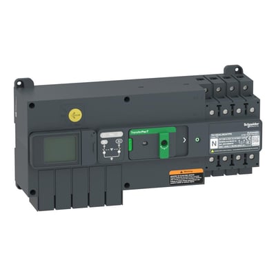Schneider Electric TA10 omskifter med LCD display, 32A 4P, viser automatisk funktion og DIN-skinne montering.