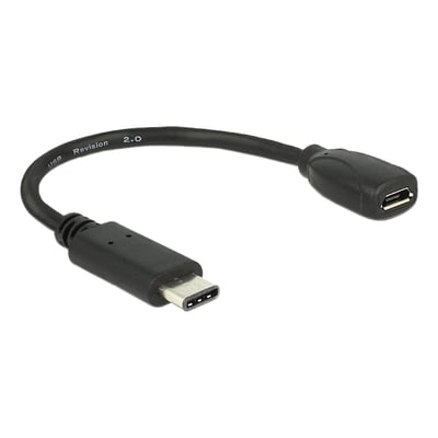 DeLOCK USB-C til Micro-B adapterkabel i sort, med en USB-C han og en Micro-B hun-stikforbindelse.