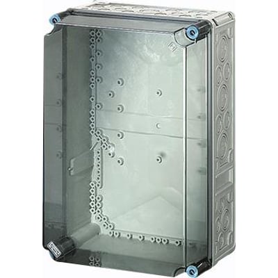 Hensel montagekasse MI0310 i grå (RAL 7035) med transparent låg og tydelige fastgørelsespunkter indeni.