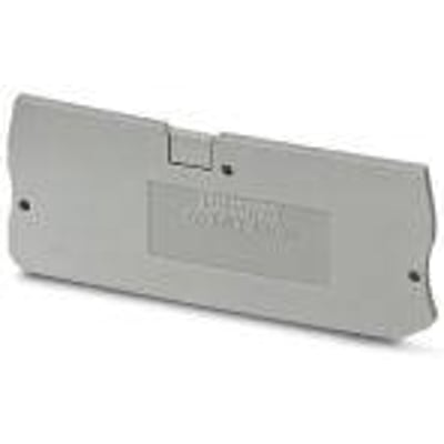 Phoenix Contact endeplade D-PT 4-QUATTRO i grå med dimensionerne 77 mm længde, 2,2 mm bredde og 29 mm højde, præsenteret på hvid baggrund.