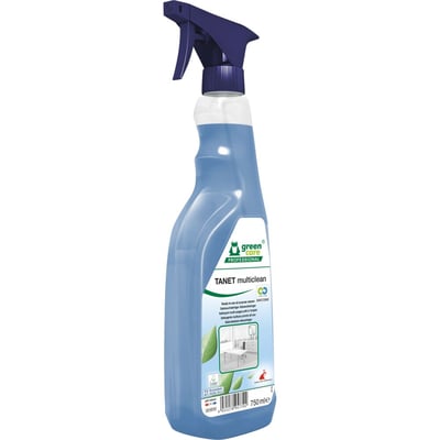 Green Care Professional TANET multiclean universalrengøring i en 750 ml blå sprayflaske med en mørkeblå pumpe og etikette med grøn frosk-logo.