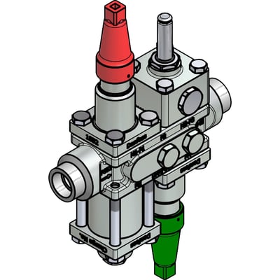 Danfoss Ventilstation ICF 20-4-18H med svejsestuds og hus i stål, med grøn og rød komponent på en hvid baggrund.