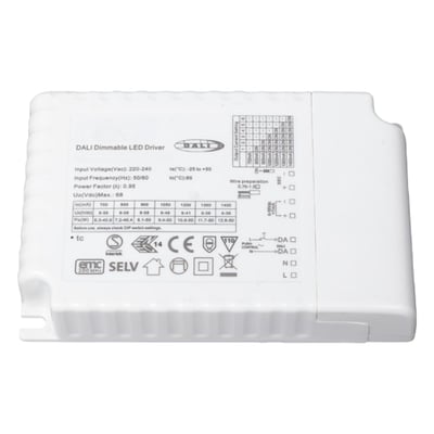 Ansell Lighting DALI2 dæmpbar LED-driver, 1-10V og Push Dim, 50W med justerbar strøm fra 700-1400mA.
