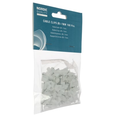 Nordic Quality kabelklips til 5-7 mm kabler, 100 stk. hvide, vist i original emballage med tydeligt produktnavn.