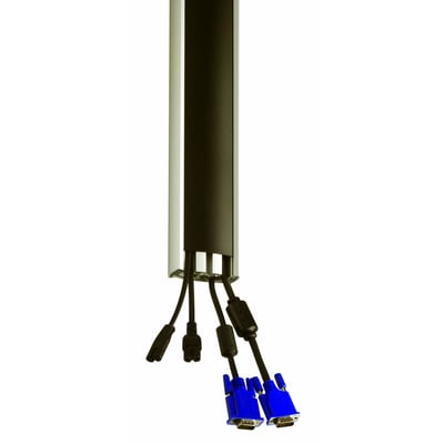 Detaljebillede af Vogels PUC 2330 Connect-it stang, der viser hvordan kablerne føres igennem den slanke, sølvfarvede aluminiumsprofil.