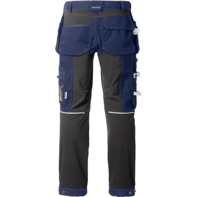 Kansas GenY håndværkerbukser i marineblå og mørkegrå, str. C46, set bagfra med fokus på funktionelle CORDURA-forstærkede lommer og stretchpaneler.