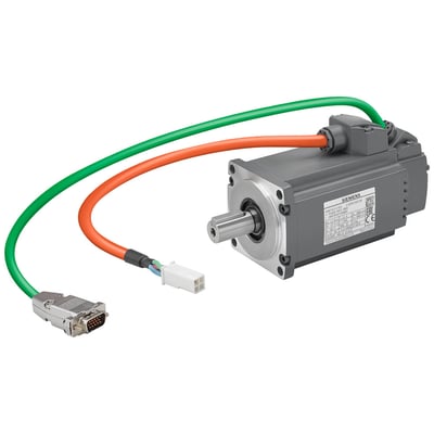Siemens SIMOTICS S-1FL6 servomotor med 0,2 kW effekt, 3000 omdr./min., grå metalhus og tilslutningskabler.