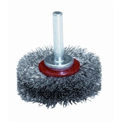 Axial stålbørste med 70mm diameter og 0,2mm rustfri tråd samt 6mm skaft på rød bagplade.