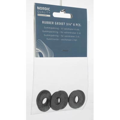 Pakke med seks sorte Nordic Quality gummipakninger 3/4" på hvid baggrund, tæt på emballagen.
