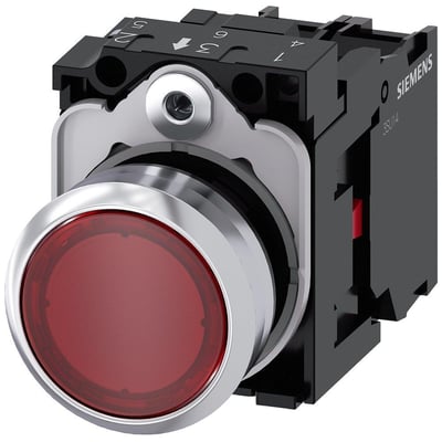Siemens trykknap 22mm med skinnende rød metalfront og 1NC kontakt, viser bagsiden med monteringsdetaljer og mærkning.