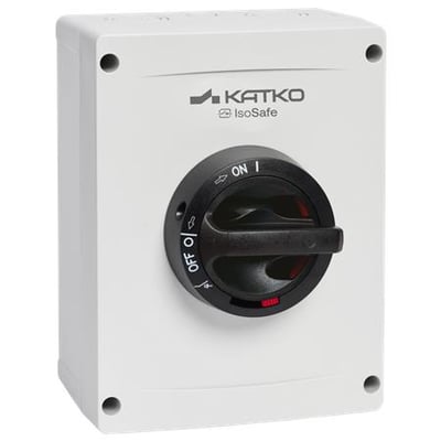KATKO Isf 440UL M3-afbryder i hvidt kabinet med sort drejegreb, vist forfra i let skrå vinkel.