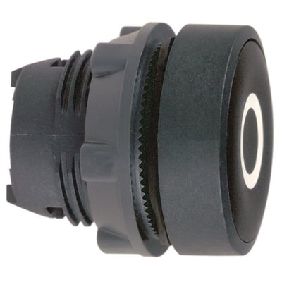 Schneider Electric Harmony Style 5 trykknap, sort med hvid cirkel, 22mm diameter, vist fra venstre side med detaljeret bagmontering.