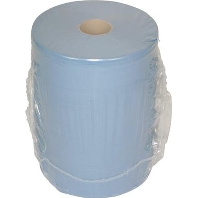 Blå aftørringspapir på stor rulle, 2-lags og 37 cm i diameter, indpakket i klar plastfolie.
