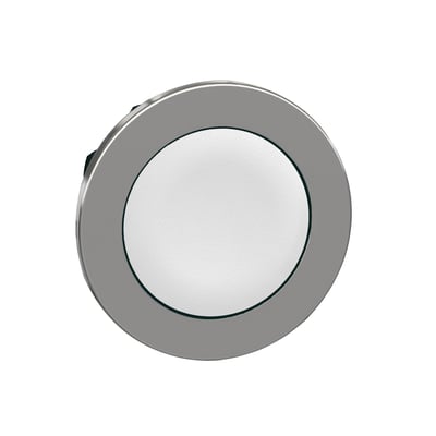 Schneider Electric Harmony XB4/ZB4 flush trykknaphoved i hvid farve med en plan trykflade og en rund, metalgrå ramme.