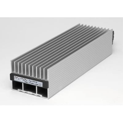 Schneider Electric ClimaSys CR-varmeelement på 100 W til 12-24 V DC med aflangt, ribbet kabinet og synlig ende.