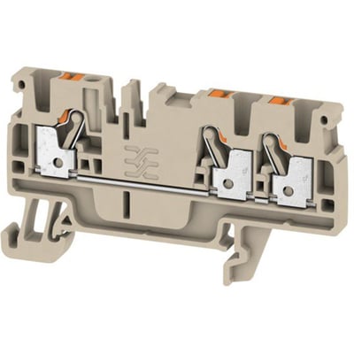 Detaljeret kig på Weidmüller A3C 2.5 gennemgangsklemme, fremhæver den beige farve og de indvendige push-in terminalmekanismer.