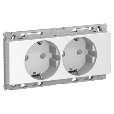 Lauritz Knudsen Opus66 dobbelt stikkontakt med sidejord i lysegrå, med 2 modul udtag til planforsænket montage.