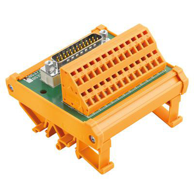 Weidmüller interface-modul med orange terminalblok og D-sub-stik, vist skråt oppefra; modulet har 37 poler.