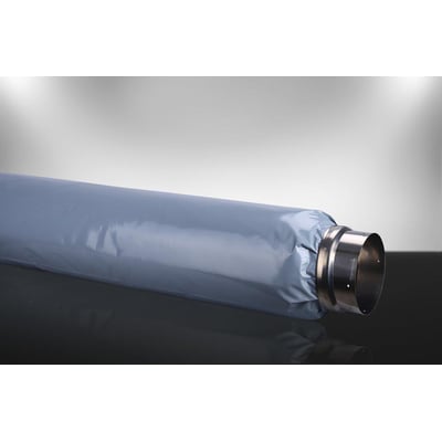 Fleksibel lyddæmper AKUP i grå Alu./PP materiale med muffetilslutning, Ø100mm og L: 600mm.