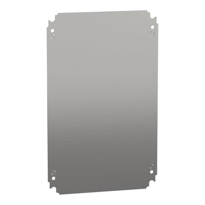 Schneider Electric montageplade i galvaniseret stål, størrelse 300x250mm, med fire prægede monteringspunkter i hjørnerne.